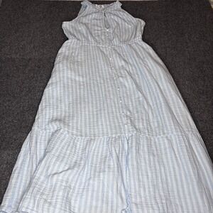 BLL NYC Women's Medium Blue White Striped Maxi Dress Tiered‎ Ruffle Boho